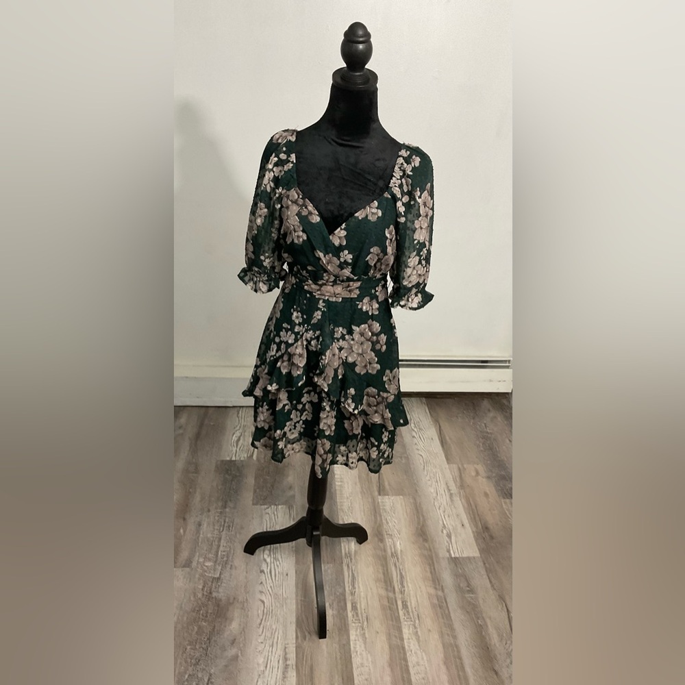 Trixxi Green Wrap Sundress with Puff Sleeves